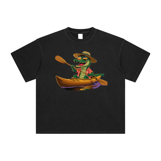 alligator shirt,kayaking t-shirt,Louisiana swamp,funny animal tee,bayou clothing,retro outdoor apparel,nature lover gift,New Orleans souvenir,quirky graphic tee,sunset kayaking